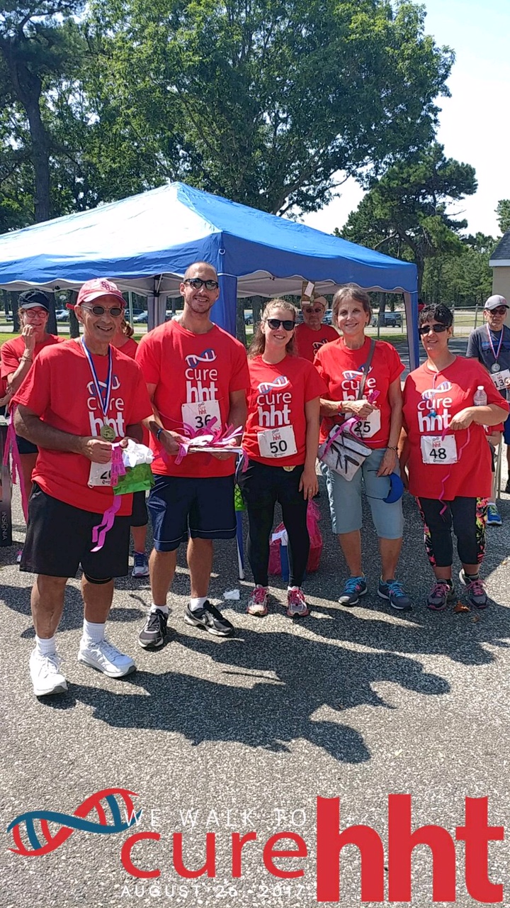 Walk event graphic showing participants in red shirts with the Cure HHT logo.