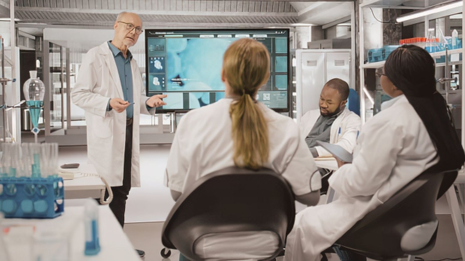 Researchers in lab coats discussing medical imaging on a screen